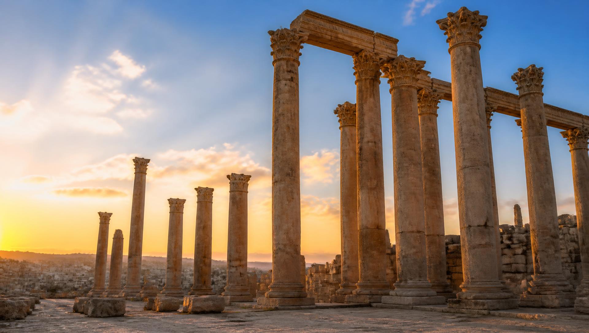 أعمدة جرش الرومانية الأثرية في الأردن عند غروب الشمس